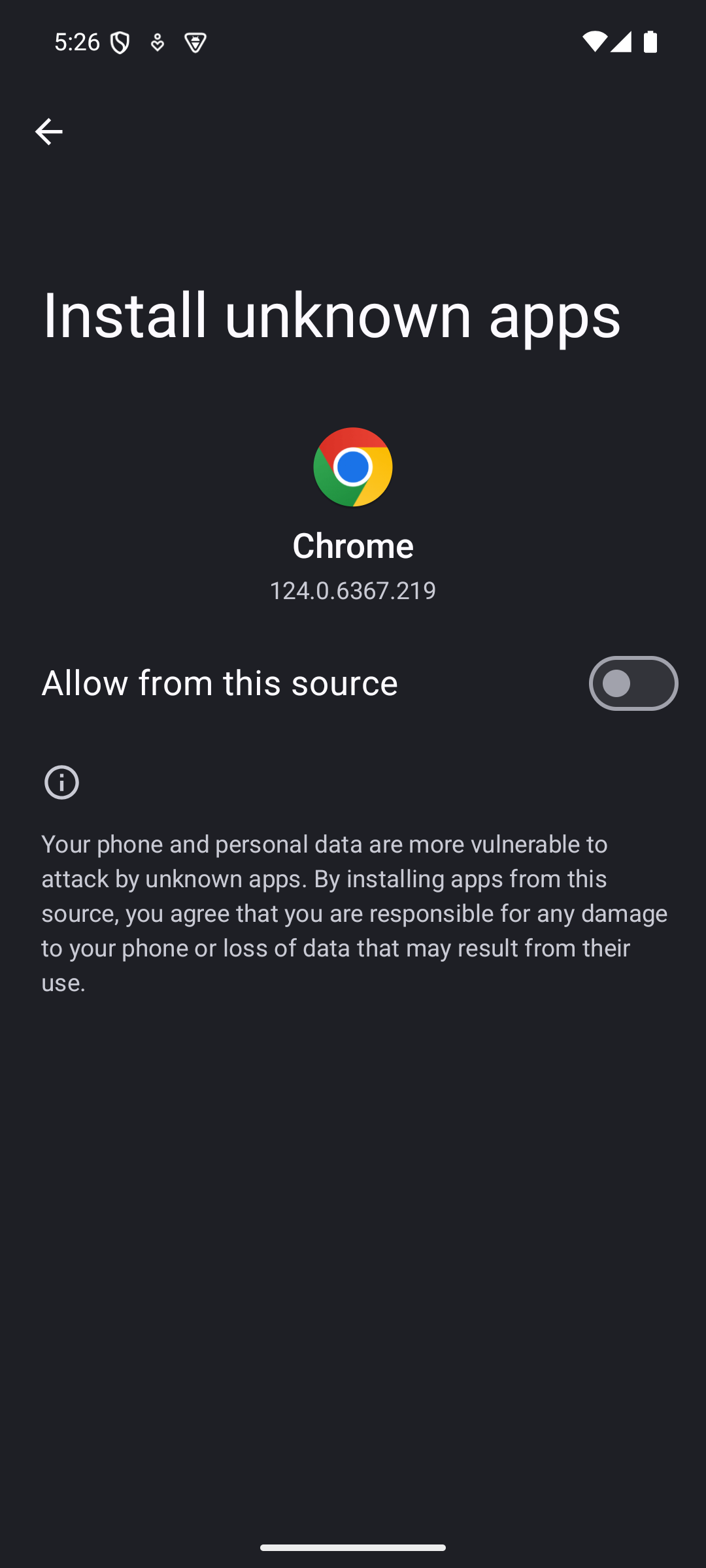 Экран разрешения установки из неизвестных источников в настройках Android